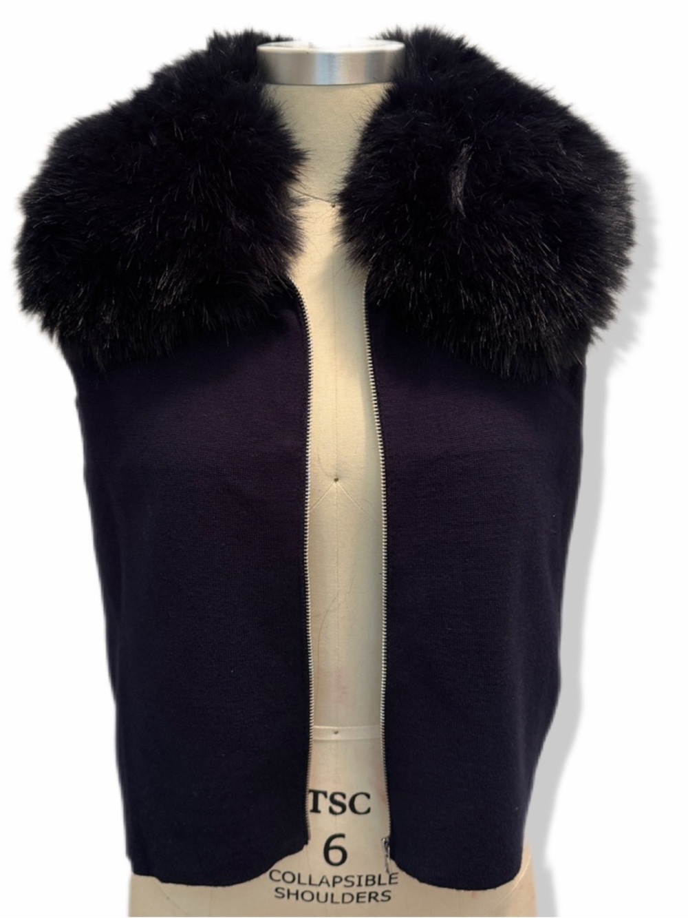 NWT Camila Coelho Navy Fur-Collar Zip Front Sleeveless Sweater - Picture 3 of 7